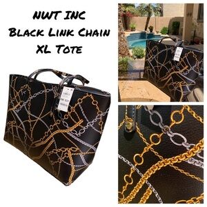 NWT INC Black Link Chain Tote. Pockets and Zippered pocket.